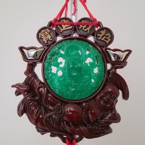 Large 9" Wood Carved Laughing Buddha Wall Hanging - Feng Shui Wealth Charm